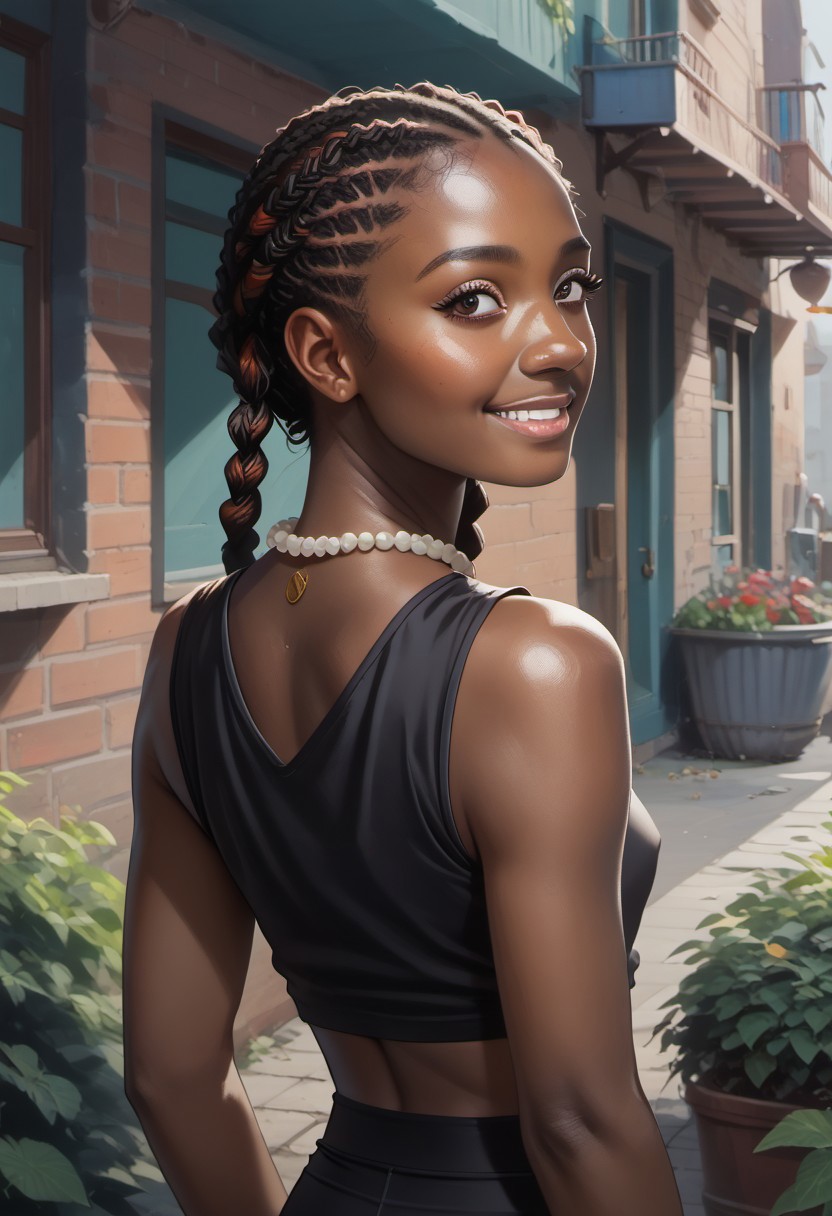 Rating_explicit, score_9, score_8_up, score_7_up,  (masterpiece, best quality, highly detailed, newest, very aesthetic, photorealistic), very detailed face, hyperrealistic, (solo), (from behind:1.2), (close up), (UHD quality details), 1girl, ebony, african, dark-skinned, standing, looking over shoulder, shy smile, small breasts, ((pointy breasts)), skinny, african braids, cornrows, black yoga pants, band tshirt, sleeveless tshirt, cropped tshirt, bead necklace, bangles, outdoors, alleyway, dynamic angle, depth of field, 8k uhd, absurdres, volumetric lighting, tack sharp focus, beautiful composition, intricate detail, professional illustration