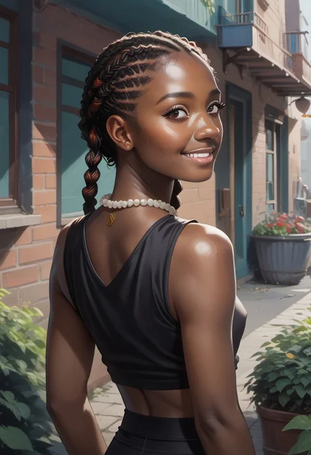 Rating_explicit, score_9, score_8_up, score_7_up, (masterpiece, best quality, highly detailed, newest, very aesthetic, photorealistic), very detailed face, hyperrealistic, (solo), (from behind:1.2), (close up), (UHD quality details), 1girl, ebony, african, dark-skinned, standing, looking over shoulder, shy smile, small breasts, ((pointy breasts)), skinny, african braids, cornrows, black yoga pants, band tshirt, sleeveless tshirt, cropped tshirt, bead necklace, bangles, outdoors, alleyway, dynamic angle, depth of field, 8k uhd, absurdres, volumetric lighting, tack sharp focus, beautiful composition, intricate detail, professional illustration