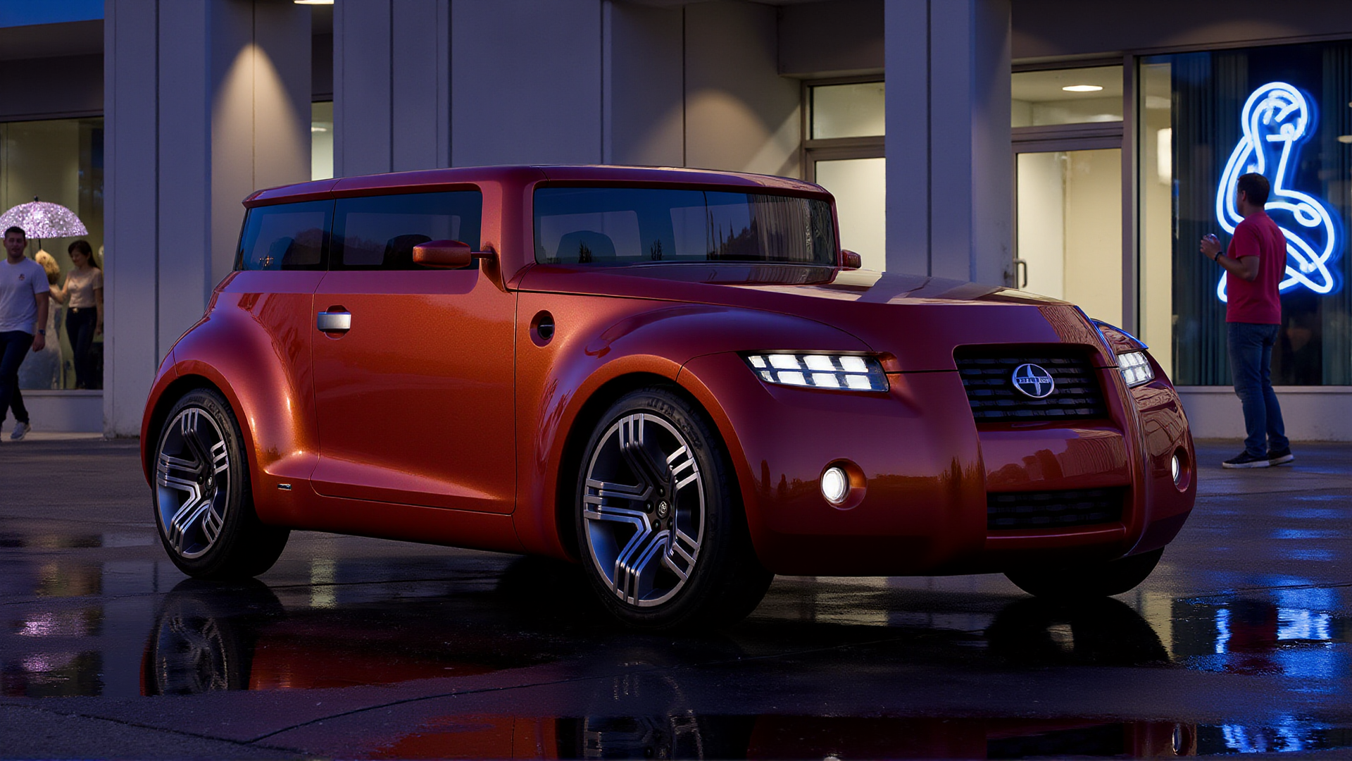 The Scion Hako Coupe Concept parked in a wet, modern city plaza on a rainy night. The carâs finish is a deep burgundy red with metallic undertones that shimmer under the soft glow of surrounding streetlights. The wraparound panoramic glass reflects neon advertisements and the rain-soaked ground. The LED headlights and fog lights are illuminated, casting reflections across the wet surface. Sleek modern architecture and glowing signage frame the scene, while pedestrians with glowing umbrellas pass by, adding an urban energy that highlights the carâs stylish design
 <lora:ral-hkcpcncpt_000004000:1>