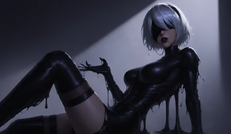 score_9, 2b wearing symbiote dress, sitting, ( venom symbiote dress:1.2), thigh high boots, (tendrils growing from dress:1.2), nier,abs, white hair, slim body,solo,black lipstick, (goo blindfold:1.3), high quality, realistic, dramatic lighting, dark room, 1 girl, portrait, <lora:Venom_0.0.1:0.6>, <lora:nier-2b-ponyxl-lora-nochekaiser:0.6>, <lora:43stl1ght1ngXLP2:0.6>, <lora:NAI3 Smooth Boys Low Light Style LoRA_Pony XL v6:0.8>