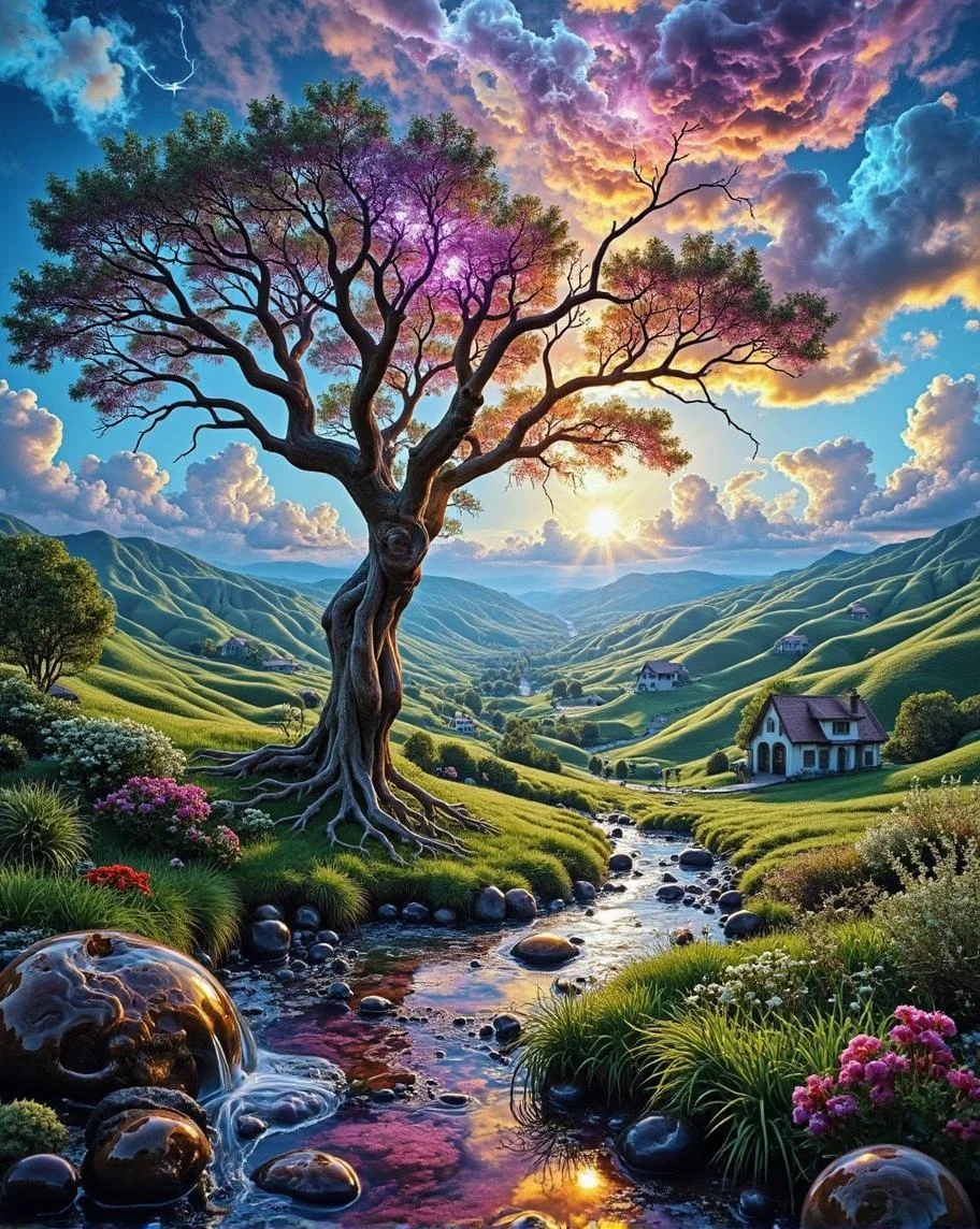 <lora:168C07DADBF648CD292F8B67B084FDA1F6CB23256C7DF00736A7DBCECE5654CB.safetensors:1> gloss-dark
In the heart of a dreamlike countryside, the landscape is a tapestry of shifting hues, where the colors dance and weave in an otherworldly ballet. Rolling hills undulate under a sky that morphs from deep sapphire to vibrant emerald, the clouds themselves melting into the fabric of the heavens, their edges soft and indistinct. A quaint village nestles in the distance, its cottages and pathways shimmering with an ethereal glow, as if illuminated by an unseen, gentle light. The air is thick with a dreamy, diffused warmth, and the colors blend and ripple, creating a mesmerizing, almost hypnotic effect.
At the center of this surreal scene stands a majestic, leafy tree, its branches reaching out like the hands of a benevolent guardian. The leaves shimmer with iridescence, their colors shifting from gold to silver to a deep, rich amethyst. The trunk of the tree is translucent, revealing the intricate network of roots and veins within, as if the very essence of the tree is a living, pulsating force.
In this enchanting landscape, the boundaries between reality and imagination blur. Ethereal figures drift through the air, their forms vague and indistinct, leaving trails of light that dissolve into the shifting colors. The ground itself seems to undulate, the grass and flowers bending and swaying as if moved by an unseen wind. The atmosphere is both captivating and slightly disorienting, evoking a sense of being in a dream or a parallel world, where the rules of the physical world no longer apply.
As the colors continue their dance, the scene becomes aperfect reflection of a mind adrift in a dream-like reality, where every moment is a vivid, surreal experience.