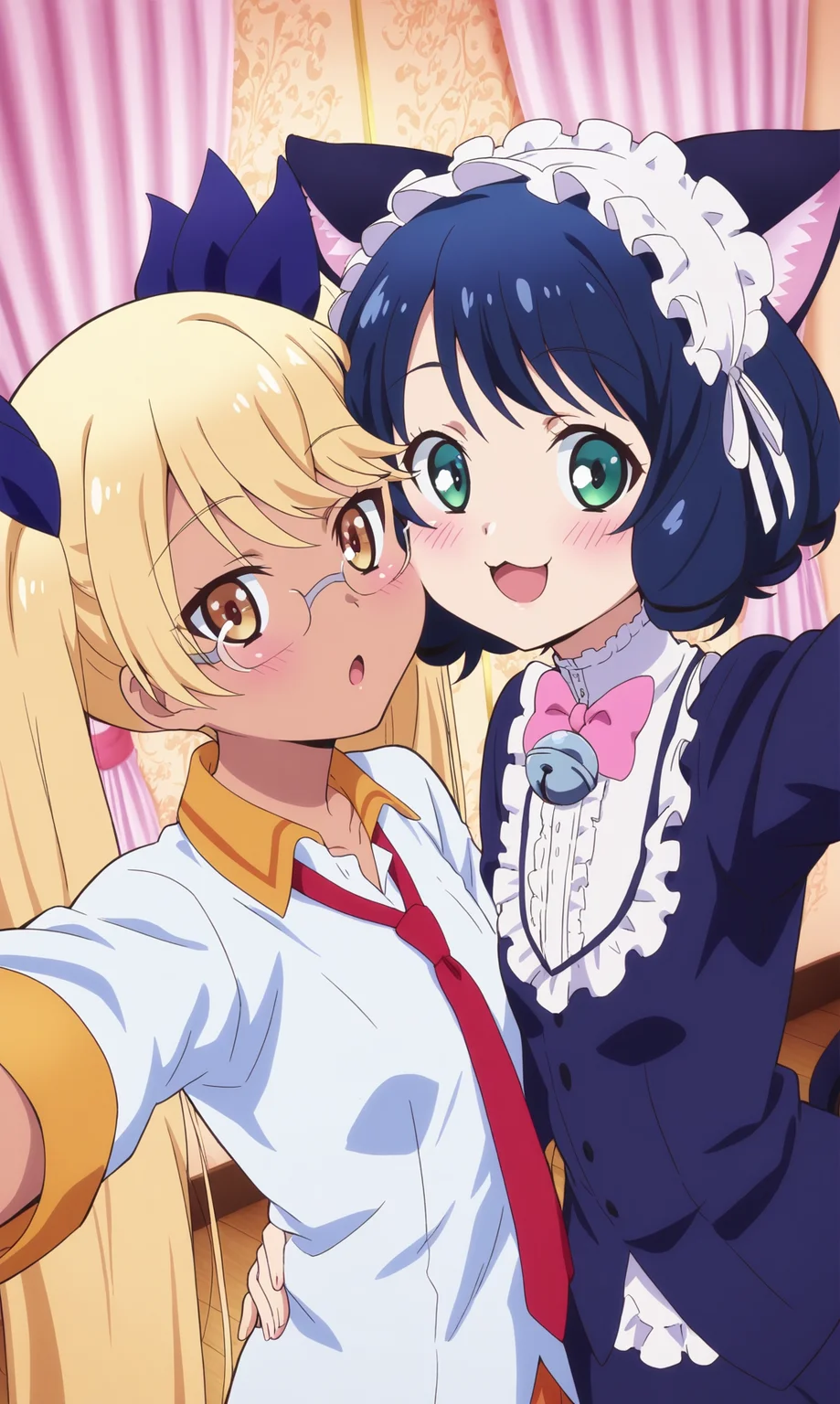 masterpiece, best quality, beautiful eyes, zzzzRetoree, zzCyanHijirikawa, multiple girls, 2girls, animal ears, looking at viewer, face-to-face, cat ears, blonde hair, selfie angle, necktie, green eyes, cheek-to-cheek, tail, glasses, upper body, cat girl, twintails, bell, long hair, smile, cat tail, bow, curly hair, very long hair, ribbon, black hair, hair ribbon, jingle bell, looking at viewer, :3, red necktie, open mouth, up hand, blue hair, maid headdress, yellow eyes, :o, short hair, bowtie, blush, shirt, curtains, hairband, pink bow, frills, holding phone, upper body, dark skin, brown eyes, dark-skinned female, rimless eyewear, white shirt,