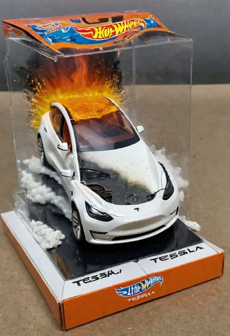 Hot Wheels toy car company have made a toy car version of a Tesla Model 3, The toy telsa model 3 car comes in a mini display unit/box. The car is exploding into fire and flames, white smoke fills the top of the display box, (realistic explosion from car), (realistic Flames bellow from the car windows inside the display unit),  (standing next to the car is a little palstic toy man, he holds both arms in the air,