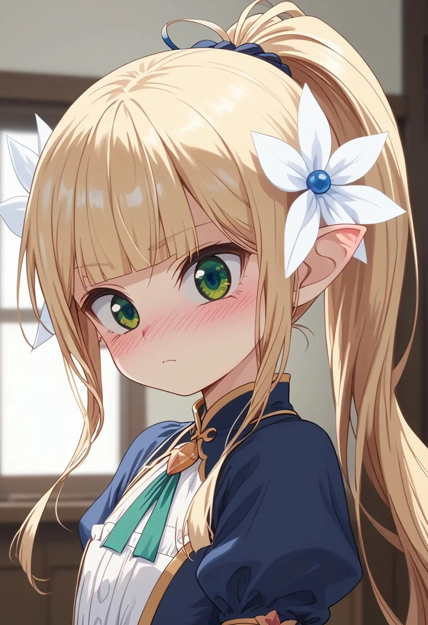 score_9, score_8_up, score_7_up, ((( )))
,
((( 1girl, solo )))
,
((( Thin, petite, )))
,
((( Best view, upper body)))
,
(( Elfina18, blonde hair, long hair, hair ornament, green eyes, pointy ears, ponytail, blush, dress))
,
(( Bedroom ))
,
((( )))
,
((( )))