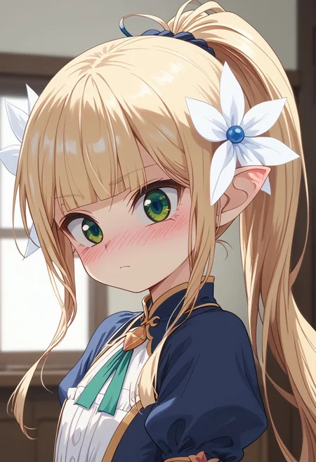score_9, score_8_up, score_7_up, ((( )))
,
((( 1girl, solo )))
,
((( Thin, petite, )))
,
((( Best view, upper body)))
,
(( Elfina18, blonde hair, long hair, hair ornament, green eyes, pointy ears, ponytail, blush, dress))
,
(( Bedroom ))
,
((( )))
,
((( )))