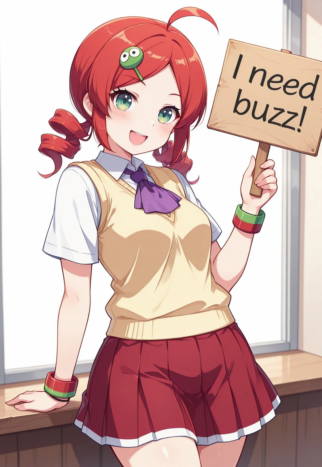 <lora:PAndouRingo_SDXL_Illustrious01_fp16_ver01:1>,PAndouRingo, 1girl,solo,red hair,green eyes,twin drills,character hair ornament,school uniform,ascot,sweater vest,bracelet,red skirt, cowboy shot, cute, look at viewer, open mouth, smile, (masterpiece), best quality, (highly detailed), very aesthetic, absurdres,<lora:detailed_hands:1>, hand, (need_buzz, holding sign:1.2)