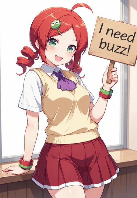 <lora:PAndouRingo_SDXL_Illustrious01_fp16_ver01:1>,PAndouRingo, 1girl,solo,red hair,green eyes,twin drills,character hair ornament,school uniform,ascot,sweater vest,bracelet,red skirt, cowboy shot, cute, look at viewer, open mouth, smile, (masterpiece), best quality, (highly detailed), very aesthetic, absurdres,<lora:detailed_hands:1>, hand, (need_buzz, holding sign:1.2)