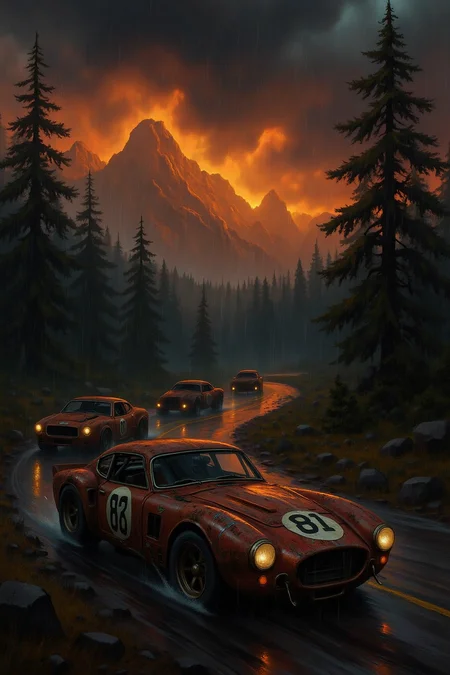 Concept art illustration with digital painting technique showcasing dilapidated race cars on a winding, rain-soaked road during a dramatic sunset, surrounded by dense, dark pine forests, towering mountains, and an ominous sky filled with rolling dark clouds, highlighting the cars' rust and damage.