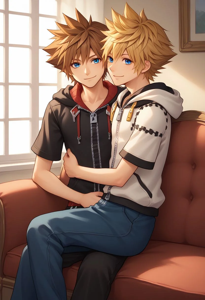 score_9, score_8_up, source_anime, highly detailed, 2boys,
sora, spiked hair, male focus, 1boy, brown hair, blue eyes, zipper, hoodie, BREAK
roxas, 1boy, zipper, male focus, spiked hair, blue eyes, blonde hair, pants, short sleeves, zipper pull tab,
indoor, sofa, medieval, on lap, hug, smile,