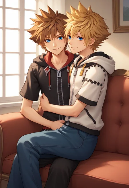 score_9, score_8_up, source_anime, highly detailed, 2boys,
sora, spiked hair, male focus, 1boy, brown hair, blue eyes, zipper, hoodie, BREAK
roxas, 1boy, zipper, male focus, spiked hair, blue eyes, blonde hair, pants, short sleeves, zipper pull tab,
indoor, sofa, medieval, on lap, hug, smile,