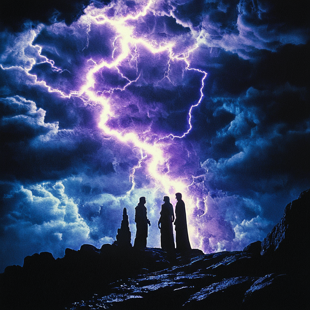 <lora:80s_Fantasy_Movie:1> ArsMovieStill, 80s Fantasy Movie Still, The image shows two silhouetted figures standing on a rocky cliff overlooking a vast landscape. The sky is filled with dark clouds and a bright purple and blue lightning bolt is striking down from the top of the image. The lightning bolt appears to be glowing brightly creating a dramatic and powerful scene. The figures are facing away from the viewer with their backs to the viewer. The cliff is covered in snow and ice and the sky is a deep blue. The image is framed by a black border giving it a dramatic feel., cloud, sky, scenery, lightning, cloudy sky, outdoors, 1boy, night, standing, 1girl
