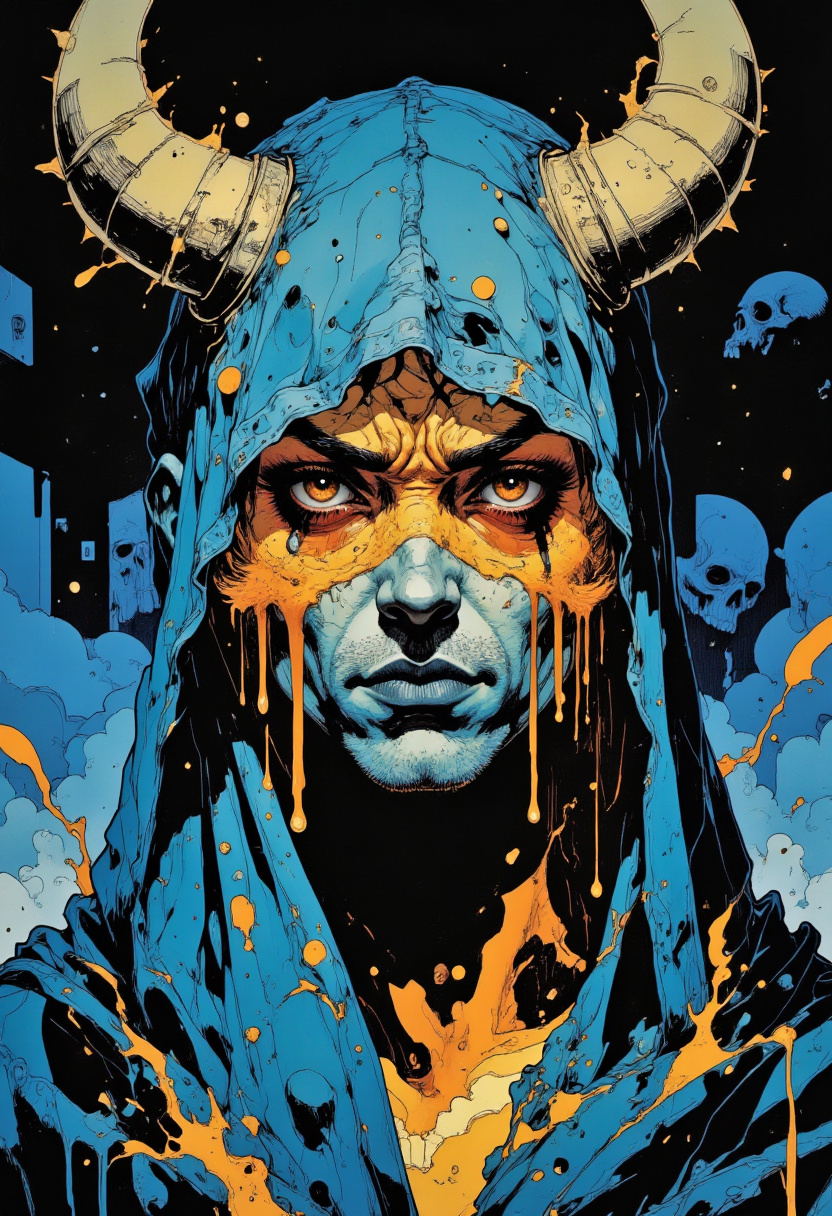 Mangaka style, a photo of a demonic eyes of blue golden ember crying tears, they see your sins, they see your soul, detailed background.
