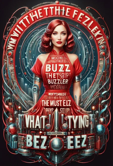 4k, colorful, extrapolate necessary data to achieve this whimsical, magical, dreamy, cute, joyful, dynamic creation, of a WOMAN IN RED holding a sign with text clearly readable "WHAT THE BUZZ?" from the best seller mystifying , from any vantage point in an art deco neon punk fusion, well stocked master-chef kitchen, with super high tech equipment
