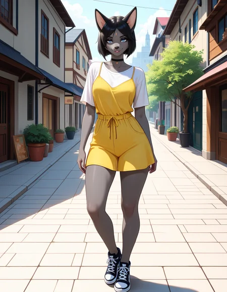 masterpiece, best quality, very aesthetic, absurdres,
outdoors, casual,
full body, standing, posing,
seductive smile, parted lips, long eyelashes,
<lora:Iris_v01_NAIXL:1>
1r15,1girl,solo,furry,furry female,animal ears,black hair,short hair,black hair,blue eyes,animl nose,snout,black choker,body fur,grey fur,