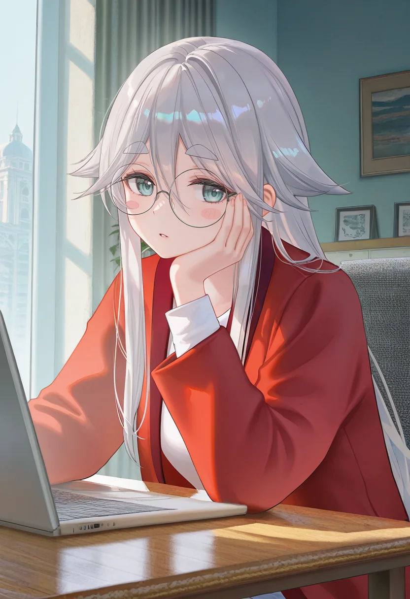 8k,best quality,masterpiece,(ultra-detailed),(high detailed skin),((artist:reoen),(artist:fuzichoco),(artist:atdan),(artist:torino_aqua),year 2024:0.8),[artist:wlop],[artist:ningen_mame],artist:ciloranko,[[artist:rhasta]],artist:tidsean,colorful,
<lora:Haruno AKIYAMA_Illustrious-000038:1>,
Haruno AKIYAMA,solo,glasses,laptop,round eyewear,computer,shirt,blush stickers,indoors,thick eyebrows,white shirt,hand on own face,long sleeves,head rest,hand on own cheek,sitting,looking at viewer,upper body,table,parted lips,jacket,red jacket,chair