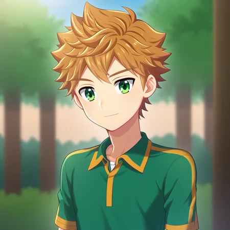 short hair, blond hair, solo focus, solo, 1boy, green eyes