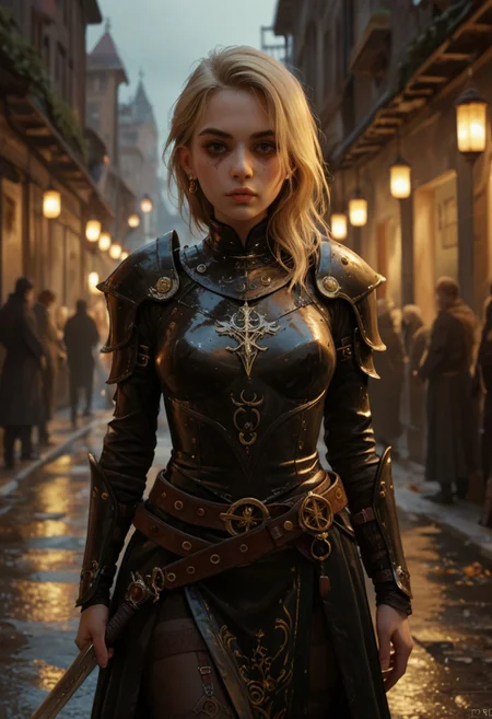 (score_9, score_8_up, score_7_up, score_6_up, score_5_up, score_4_up),a woman in black armor,blonde,medium breast,pale skin,she road in a city surrounded by fog, at night and fallen the walls are lit by candle lanterns,focus face,she is sure of herself with a piercing look,belt,a sword on the belt,