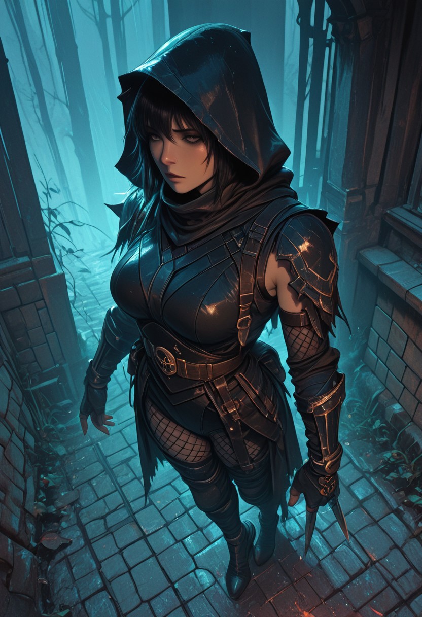 (masterpiece), (best quality), (ultra-detailed), 1girl, focused expression, female ninja assassin, emerging from deep shadows, dramatic lighting, dark fabric and layered leather armor, hooded cloak, traditional ninja gear, sleeveless, fishnets under clothing, large breasts, slashed clothing, beautiful girl, throwing knife in hand, waist-up to full body view, tense and silent movement, low pose, cinematic lighting from above, rain-slick stone walls, misty air, subtle fog, textured cloth, leather straps, arcane-free look, poised and controlled demeanor, ancient temple or forest night background, semi-realistic style, moody atmosphere, hidden blade,