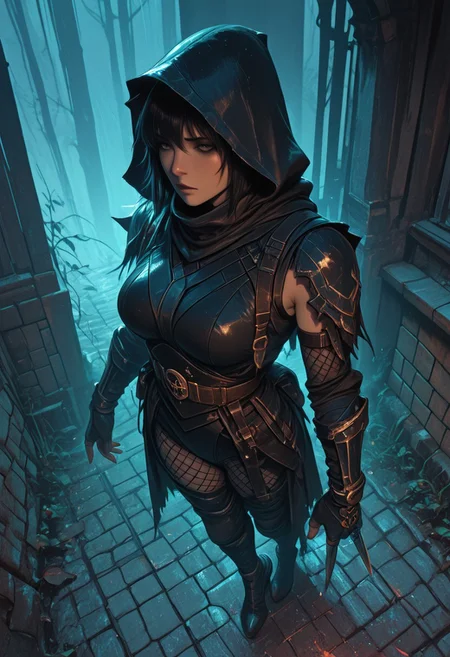 (masterpiece), (best quality), (ultra-detailed), 1girl, focused expression, female ninja assassin, emerging from deep shadows, dramatic lighting, dark fabric and layered leather armor, hooded cloak, traditional ninja gear, sleeveless, fishnets under clothing, large breasts, slashed clothing, beautiful girl, throwing knife in hand, waist-up to full body view, tense and silent movement, low pose, cinematic lighting from above, rain-slick stone walls, misty air, subtle fog, textured cloth, leather straps, arcane-free look, poised and controlled demeanor, ancient temple or forest night background, semi-realistic style, moody atmosphere, hidden blade,