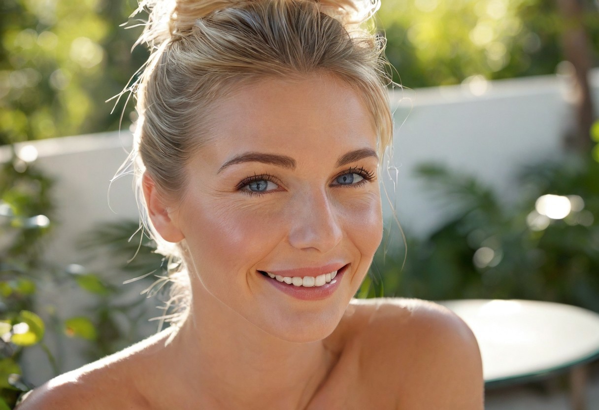 "A hyper-detailed, high-resolution (8K) close-up portrait of a 40-year-old woman with sleek blonde hair tied back in a soft bun, wearing a light, airy white blouse. Her striking blue eyes gleam with happiness, framed by delicate laugh lines that enhance her natural charm. The background is intentionally blurred, suggesting a lush garden terrace brunch—sun-dappled foliage, a wrought-iron table, and scattered morning light filtering through leaves. Shot with a Hasselblad H6D-100c medium-format camera, using a tight crop and a shallow depth of field (f/2.8) to emphasize the interplay of light on her skin and the fine strands of her hair. The lighting is natural yet sculpted, inspired by Annie Leibovitz’s ability to blend realism with ethereal beauty."
