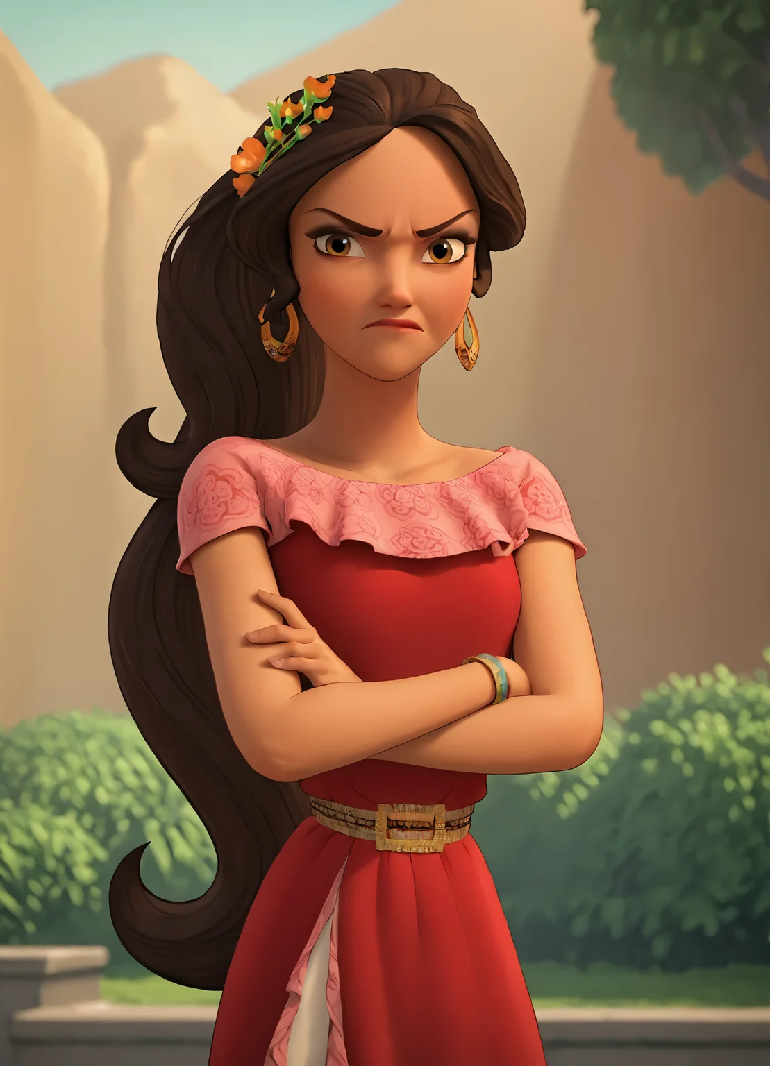 <lora:ElenaPony1.0:0.9>1girl, brown hair, solo, long hair, hoop earrings, hair flower, brown eyes, lips, smile, makeup, bracelet, ponytail, score_9, score_8_up, score_7_up, score_6_up, score_5_up, score_4_up, looking at viewer, cowboy shot,red dress, outdoors, crossed arms, frown, annoyed,