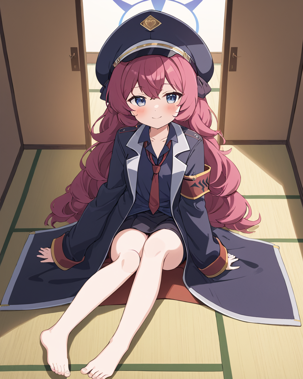 iroha \(blue archive\),1girl, solo, looking_at_viewer, smile, red_necktie, black_shirt, military_jacket, barefoot, holding_book, armband, military, military_hat, peaked_cap, indoors, blush, tatami, black_jacket, long_sleeves, military_uniform, wariza, black_skirt, collared_shirt, on_floor, sleeves_past_wrists, open_jacket, halo, black_headwear, safety_pin, closed_mouth
<lora:iroha_(blue_archive)_image1923_2023-11-27-000012:1>halo. gorgeous,key visual, vibrant, studio anime,award-winning, professional, highly detailed,high budget, cinemascope