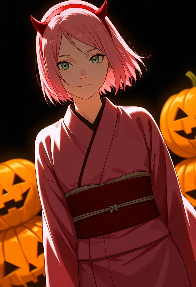 Score_9_up, score_8_up, score_7_up, source_anime, Expressiveh, perfect eyes, 1girl, solo, 1girl, haruno sakura, pink hair, short hair, green eyes, slim body,Small breasts,average height,
halloween background,((pink kimono)),pumpkins,((Red plastic headband with small devil horns)),
youthful and elegant style, dynamic pose with a slight dutch angle, soft lighting, cinematic composition, modern fashion photography, high detail, realistic textures, vibrant colors, subtle provocative undertone, balanced and tasteful aesthetic,
simple background:1.1,
masterpiece, best quality, good quality, newest, highres, absurdres, volumetric lighting,gradient color,
raytracing, volumetric lighting, ambient occlusion, masterpiece, best quality, very awa, absurdres,
BREAK masterpiece, best quality, amazing quality, (perfect anatomy:1.2), (beautiful artwork), (beautiful color), strong lighting, <lora:blm_ILL_V1:0.3>, <lora:HandFineTuning_XL:0.7>