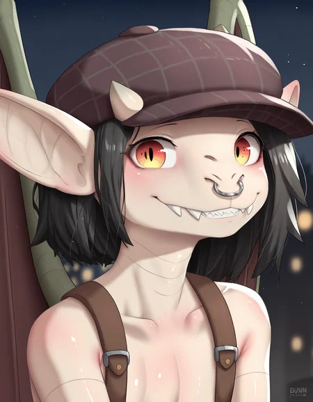 score_9, score_8_up, score_7_up, score_6_up, score_5_up, score_4_up, source_furry, source_safe, umn, ivy \(deadlock\), deadlock, valve, gargoyle, 4 fingers, anthro, big ears, black hair, clothed, facial piercing, fangs, female, fingers, hair, hat, headgear, headwear, horn, long ears, looking at viewer, nose piercing, nose ring, piercing, ring piercing, septum piercing, septum ring, sharp teeth, smile, solo, teeth, wings, detailed background, outside, city, night, dark background, detailed background, new york, tan body, (headshot portrait, portrait, close-up, face closeup:1.3), suspenders
<lora:ivy-deadlock-v2_pdxl:1>