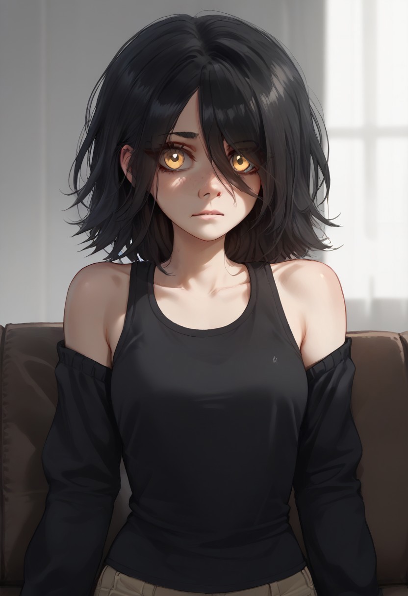 score_9, score_8_up, score_7_up, solo, 1girl, Julia, medium black hair, bang covering her left eye, yellow eyes, sleeveless shirt, arm-warmers, bare shoulders