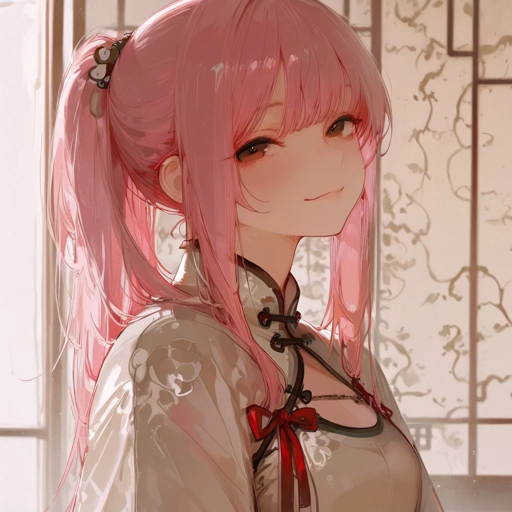 masterpiece, best quality, amazing quality, absurdres, pink hair, long_hair, bangs, looking_at_viewer, sidelocks, ponytail, brown eyes, beige qipao, red ribbon, subtle smile, soft lighting,