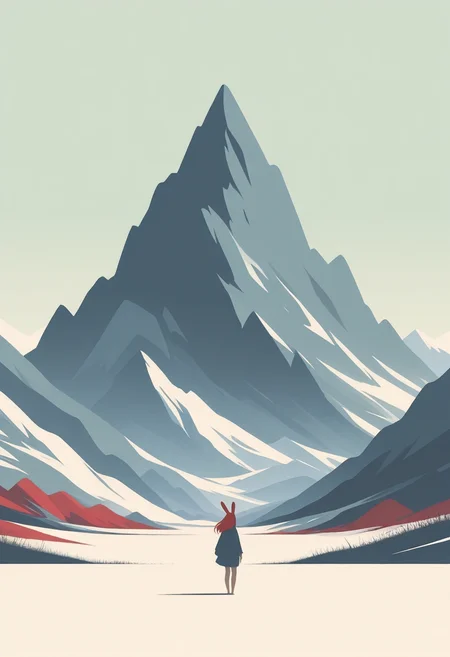 masterpiece,best quality,amazing quality, very aesthetic,minimalistic, flat color, no lineart,rabbit girl,mountain,red hair,green eyes, [silhouette, simple bright background]
<lora:Clean_Minimalist_Illustrious:1.0000000000000002>