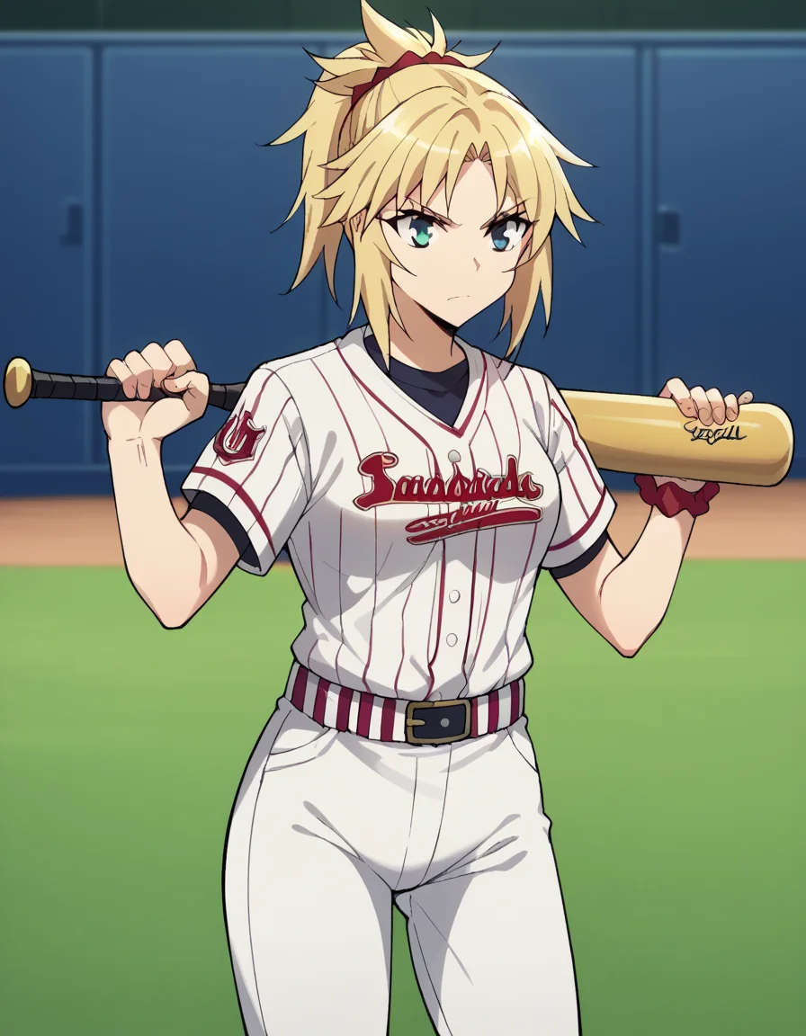 score_9, score_8_up, score_7_up, source_anime, <lora:mordred-apocrypha-s1-ponyxl-lora-nochekaiser:1>, mordred, green eyes, blonde hair, ponytail, short hair, scrunchie, red scrunchie, hair scrunchie, medium breasts,, <lora:baseball-uniform-ponyxl-lora-nochekaiser:1> baseball uniform, baseball, striped belt, shirt under shirt, sportswear, ribbed shirt, baseball helmet, baseball bat, baseball jersey, baseball field, holding baseball bat,, , cowboy shot,