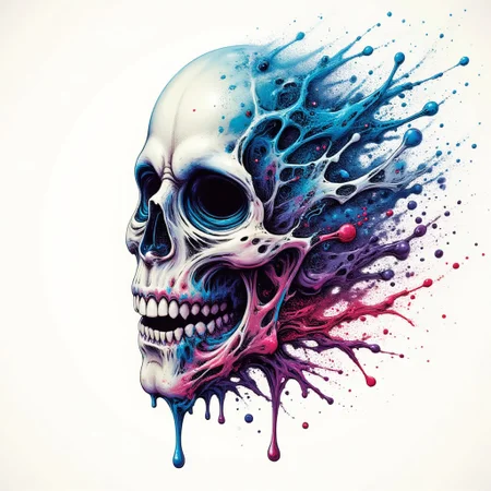 (Shirt Design), 4k quality, detailed design, flat, (hand drawn), masterpiece, beautifully drawn, White background, Abstract PopArt, ral-dissolve, a digital illustration style with neon colors
A logo of a pop art skull dissolving. Detail the contors of the skull.
Small drops of blue red and white paint are on the background. Bright highlights. Realistic
painted. Blue red and white paint