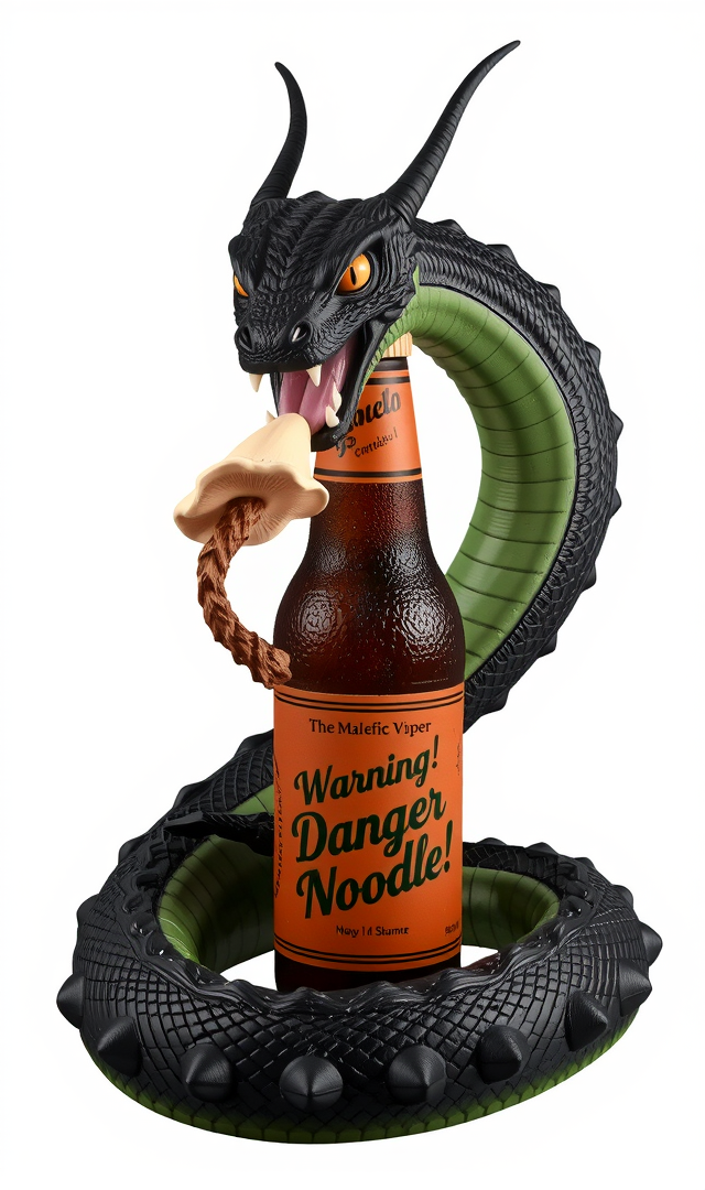 A large snake god wyvern, "The Malefic Viper", coiled around a brown beer bottle with a sizeable mushroom springing up instead of beer.
The malefic viper's mouth is wide open with fangs ready to bit down on the mushroom.
The beer bottle has a label in artistic cursive letters, "Warning! Danger Noodle!"
The statue is highly detailed with each scale being a vibrant dark green color and the orange pupils with black slits and looks alive.
Simple background.
