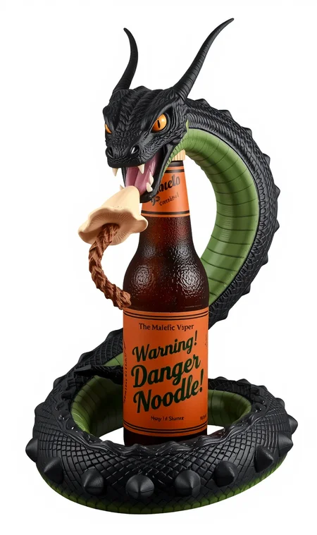 A large snake god wyvern, "The Malefic Viper", coiled around a brown beer bottle with a sizeable mushroom springing up instead of beer.
The malefic viper's mouth is wide open with fangs ready to bit down on the mushroom.
The beer bottle has a label in artistic cursive letters, "Warning! Danger Noodle!"
The statue is highly detailed with each scale being a vibrant dark green color and the orange pupils with black slits and looks alive.
Simple background.