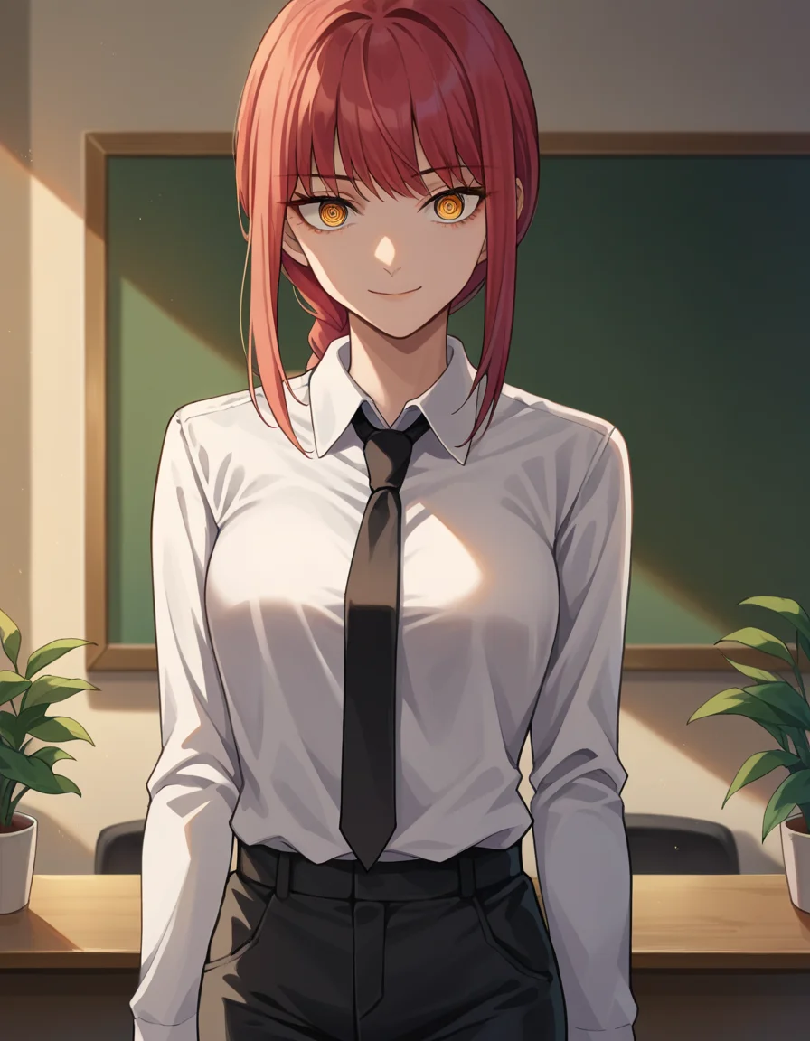 score_9, score_8_up, score_7_up, source_anime,
makima, <lora:chainsawman-makima-ponyxl-lora-nochekaiser:1>,
makima, long hair, smile, bangs, yellow eyes, braid, red hair, braided ponytail, ringed eyes, smile,
shirt, long sleeves, white shirt, necktie, collared shirt, pants, black pants, formal, suit, black necktie, shirt tucked in, office lady,
indoors, office,
looking at viewer, cowboy shot, dutch angle,