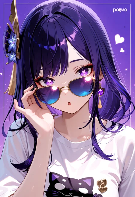 lazypos, musou isshin (genshin impact), 1girl, :o, adjusting eyewear, artist name, black nails, purple hair, earrings, fingernails, hair ribbon, heart, heart-shaped pupils, jewelry, long hair, parted bangs, thin gold framed sunglasses, blue tinted lens, portrait, purple background, purple eyes, funny tshirt, solo, symbol-shaped pupils, tinted eyewear, upper body