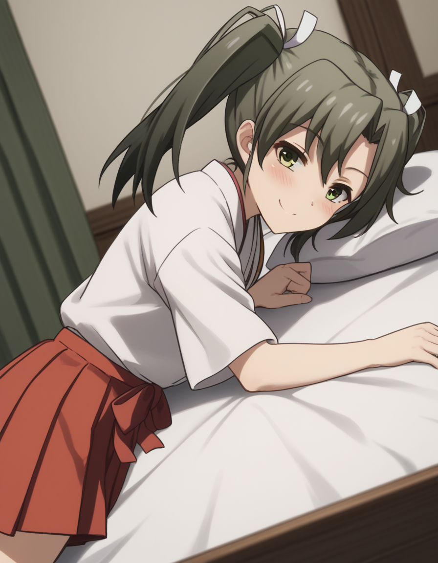 score_9, score_8_up, score_7_up, source_anime, <lora:kacolle-zuikaku-s1-ponyxl-lora-nochekaiser:1>, zuikaku, long hair, ribbon, twintails, green eyes, hair ribbon, zuikaku (kancolle), skirt, japanese clothes, muneate, red skirt, pleated skirt,, indoors, bed, bed room, on side, blush, drunk,, smile, , smile, from side, solo,, cowboy shot, dutch angle