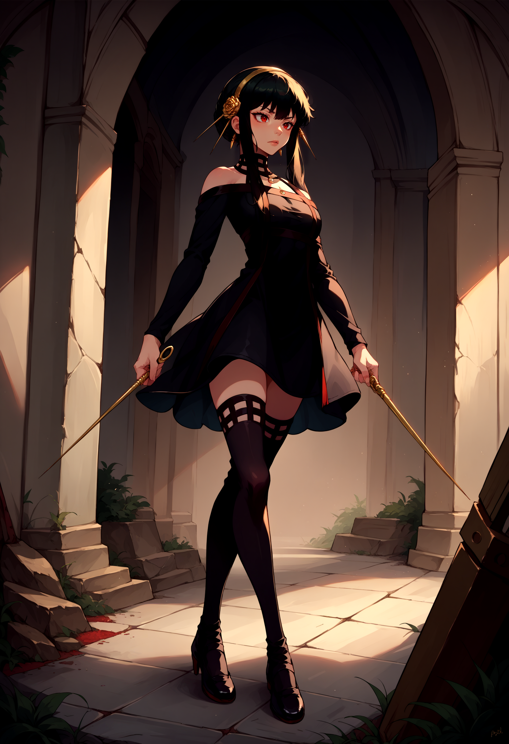 score_9, score_8_up, source_anime, 1girl, solo, holding weapon, holding, weapon, Knife, <lora:UBW_XLPD:1>, full body, black dress, black thighhighs, black hair, red eyes, 
[:, yor briar, black dress, black thighhighs, black hair, red eyes:14]