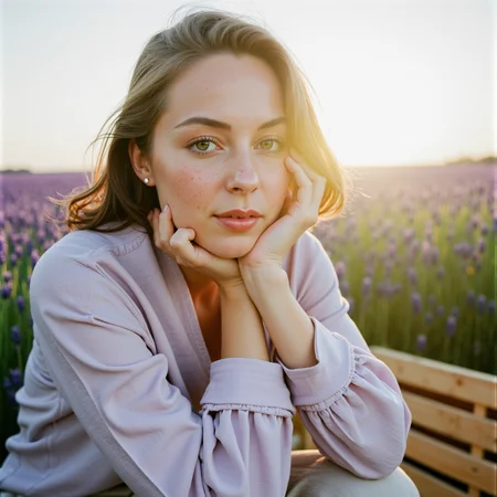 Ultra quality, ultra realistic, ultra detailed skin textures and colors, In the cool morning air of a lavender field in Provence, a stunning woman sits at the edge of a wooden crate, her face turned slightly toward the soft sun, wrapped in a muted lilac linen blouse with a deep v-collar that echoes the fields behind her. Her skin shows every detailâfreckles across her nose, a slight flush on her cheeks, faint crowâs feet at the corners of calm, moss-green eyes. Shot in half-head framing with a Contax 645 and 80mm f/2 lens on Kodak Portra 160 for its ability to gently hold both skin tone and pastel hues, the light is entirely naturalâopen shade with a large white bounce card held under her chin to bring out detail in her lower face. The subtle breeze lifts strands of her hair, and behind her, the lavender hums out of focus, creating a cinematic portrait both intimate and deeply environmental. Every pore, eyelash, and wrinkle is celebrated, not hiddenâthis is not polished beauty, but elevated honesty.
<lora:Detailed Skin&Textures Flux V3:1> dsv4