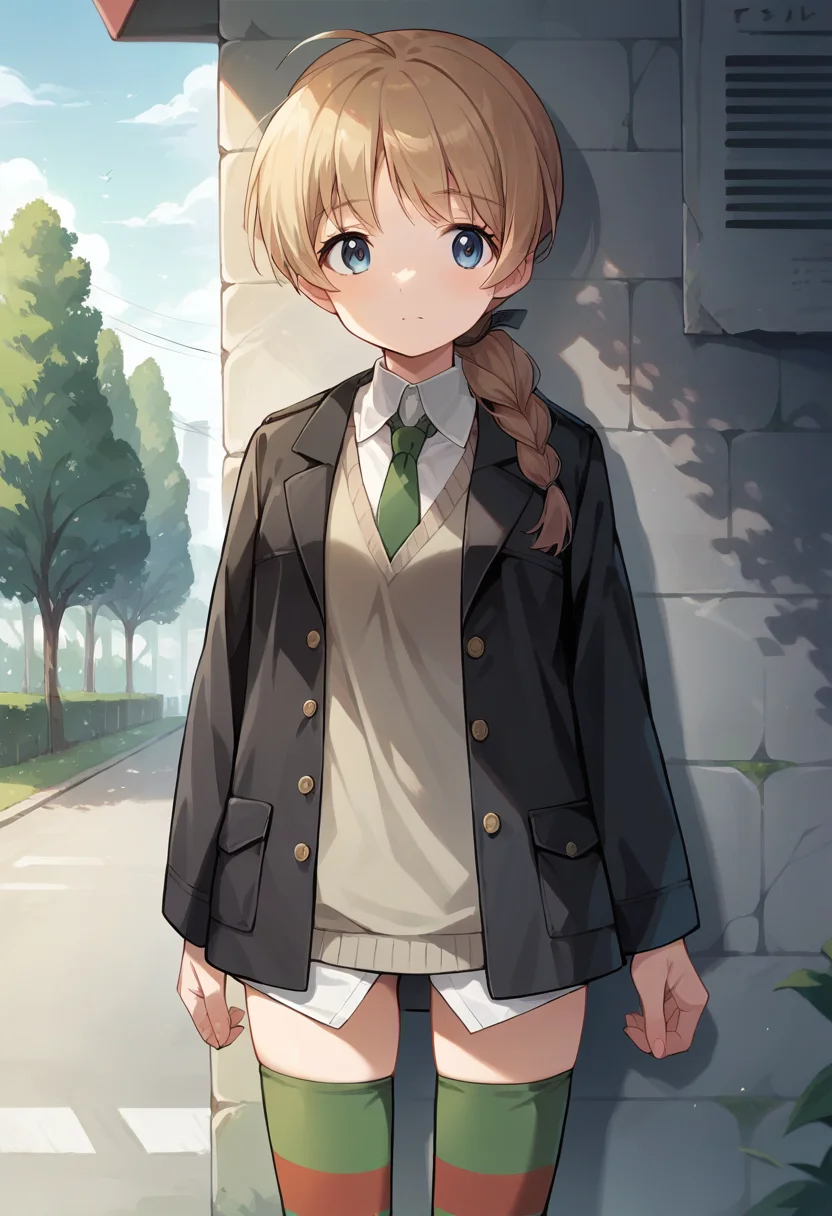 score_9, score_8_up, score_7_up, source_anime, 1girl, ctianly, black jacket, green necktie, sweater vest,  striped thighhighs, dress shirt, standing, outdoors,, looking at viewer, <lora:LynetteBishop_PONY_ct:0.8>