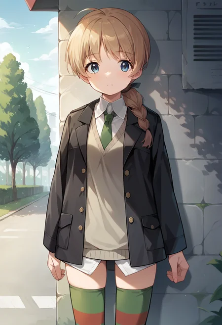 score_9, score_8_up, score_7_up, source_anime, 1girl, ctianly, black jacket, green necktie, sweater vest, striped thighhighs, dress shirt, standing, outdoors,, looking at viewer, <lora:LynetteBishop_PONY_ct:0.8>