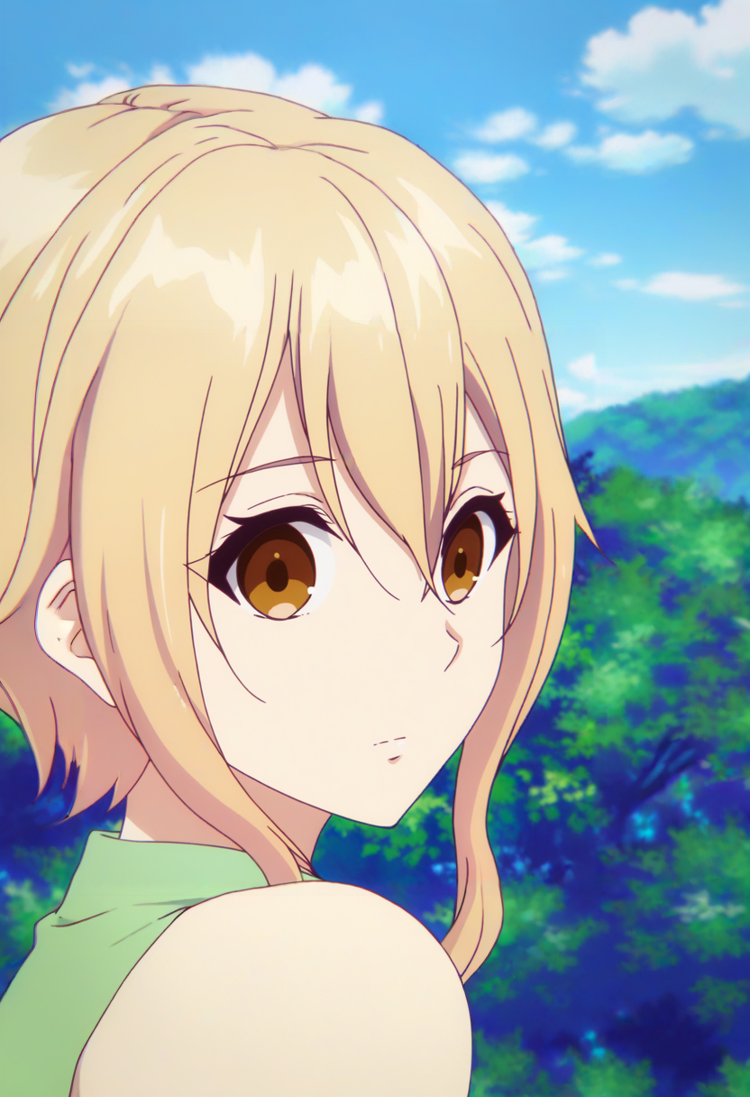 1girl,
outdoors, close-up, scenery, brown eyes, upper body, looking at viewer, cloud, blonde hair, sidelocks, hair between eyes, blue sky, short hair with long locks, cloudy sky, expressionless, sky, day,
masterpiece, best quality <lora:Musaigen:1>