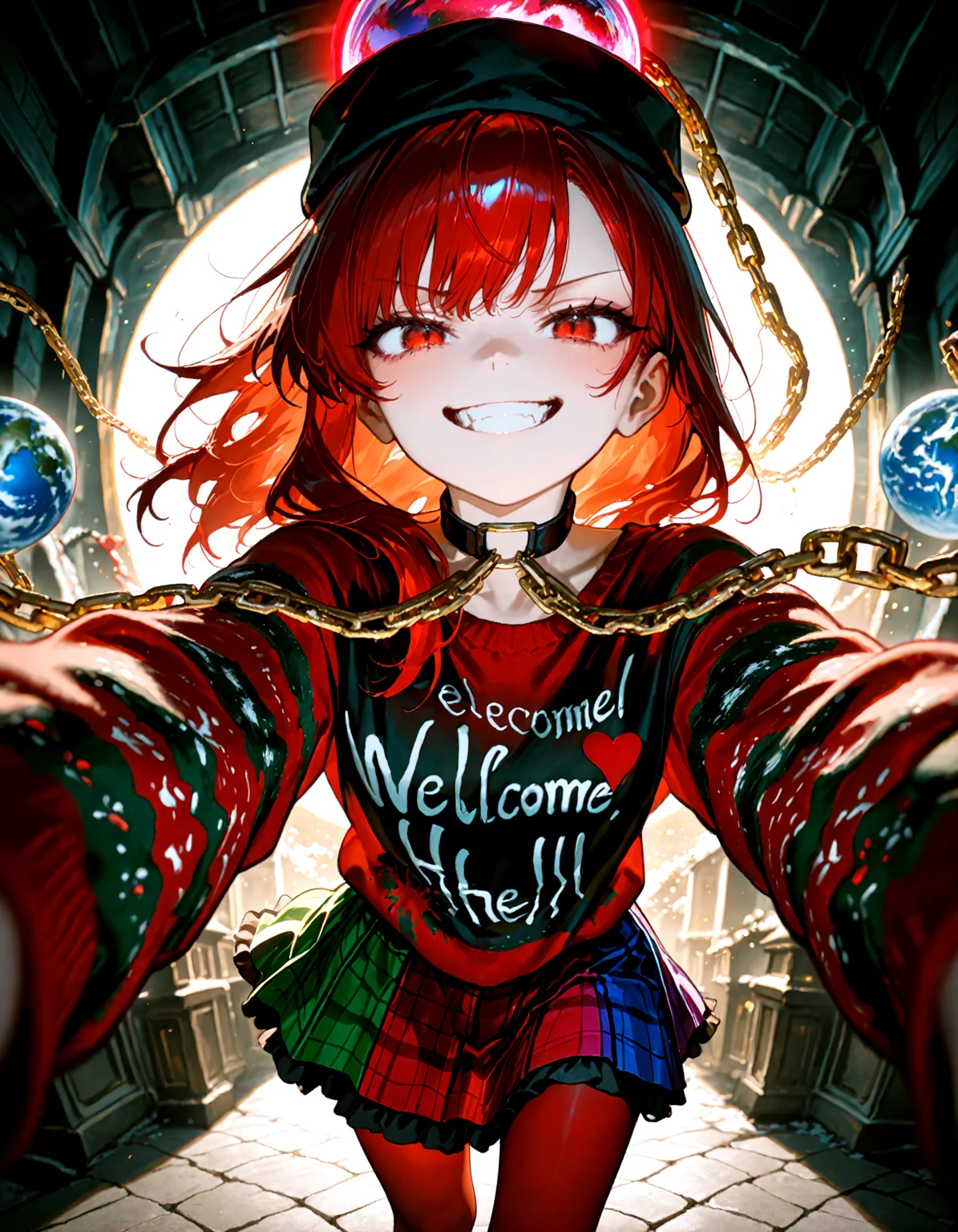 Christmas, dress, red pantyhose,Christmas sweater:1.2,
1girl, solo, hecatia_lapislazuli , soft lighting, grin , looking at viewer, pov,chain, choker, earth_(ornament) , hair_between_eyes, hat, moon_(ornament) , teeth, underworld_(ornament) , v-shaped_eyebrows,
masterpiece, best quality, amazing quality, very aesthetic, absurdres, newest, (volumetric lighting),
<lora:world_christmassweater:0.5>,<lora:cfg_scale_boost:0.5>, <lora:ponyv5_noobE11_1_adamW:0.5>, <lora:illustrious_noobai_epsilon_pred_1_best_quality_v1:0.5> ,<lora:illustrious_noobai_epsilon_pred_1_masterpieces_v1:0.5> ,<lora:illustrious_noobai_epsilon_pred_11_very_aesthetic_v1:0.5>