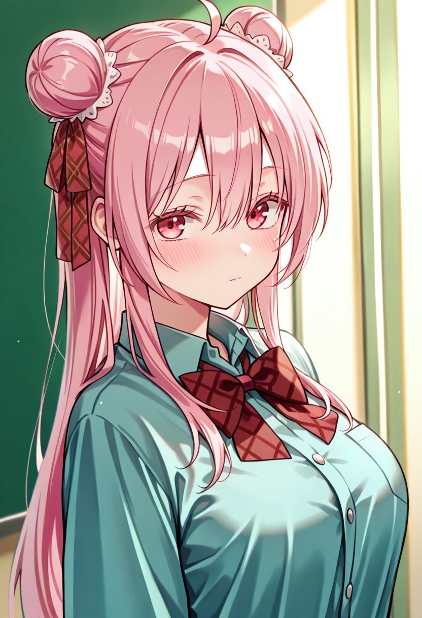 masterpiece, best quality, 32k, high resolution, absurdres, matsuzaka satou, 1girl, solo, looking at viewer, double bun, hair ribbon, shirt, ahoge, blush, closed mouth, plaid ribbon