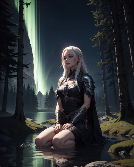 (digital illustration:1.3),  ([style of Frank Hong:style of Zac Retz:0.5]:1.3), (isometric 3d render soft lighting, style of Ilya Kuvshino, [OverallDetail:HairDetail fHandDetail SkinDetail :0.7]:1.15), (Layered Depth, Parallax Effect, Soft focus foreground, painted background1.3), ([evelynnobodysd15|dollienobodysd15|elaine_noexist]:1.15), (cowboy shot, solo_focus, cinematic photoshoot of perfect seductive adult woman:1.15), In the heart of a moonlit, ancient forest, a solitary Valkyrie kneels beside a serene lake. The water mirrors the night sky, dotted with constellations. Around her, ethereal, glowing runes float gently in the air, casting a soft light on her armor. The scene is enveloped in a profound silence, broken only by the distant, haunting calls of nocturnal creatures. Above, the Northern Lights dance solemnly, reflecting her somber expression as she contemplates the fallen warriors' souls she's destined to guide to Valhalla. The forest around her is both beautiful and melancholic, imbued with a sense of timeless reverence and a deep connection to the ancient Norse legends.
