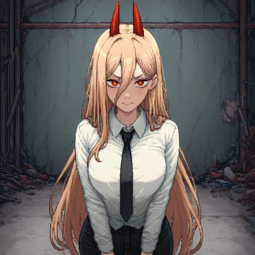 masterpiece, best quality, newest, absurdres, highres, PCSVIL-V1.0, pixel art, 1girl, power \(chainsaw_man\), demon horns, long hair, blonde hair, very long hair, red horns, black necktie, horns, cross-shaped pupils, shirt,