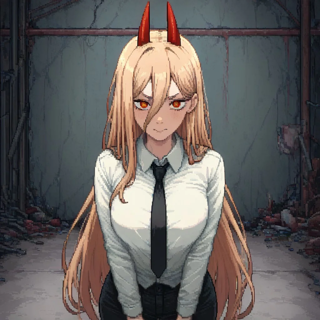masterpiece, best quality, newest, absurdres, highres, PCSVIL-V1.0, pixel art, 1girl, power \(chainsaw_man\), demon horns, long hair, blonde hair, very long hair, red horns, black necktie, horns, cross-shaped pupils, shirt,