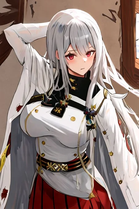 solo_focus, 1girl, (((masterpiece))), ((best quality)), ((ultra-detailed)), high resolution, absurdres, highres, ultra-detailed 8k unity wallpaper,
sovetskaya_rossiya_azurlane, long_hair, hair_between_eyes, red_eyes, breasts, large_breasts, mole, white_hair, mole_under_eye, bangs, blush, grey_hair, very_long_hair