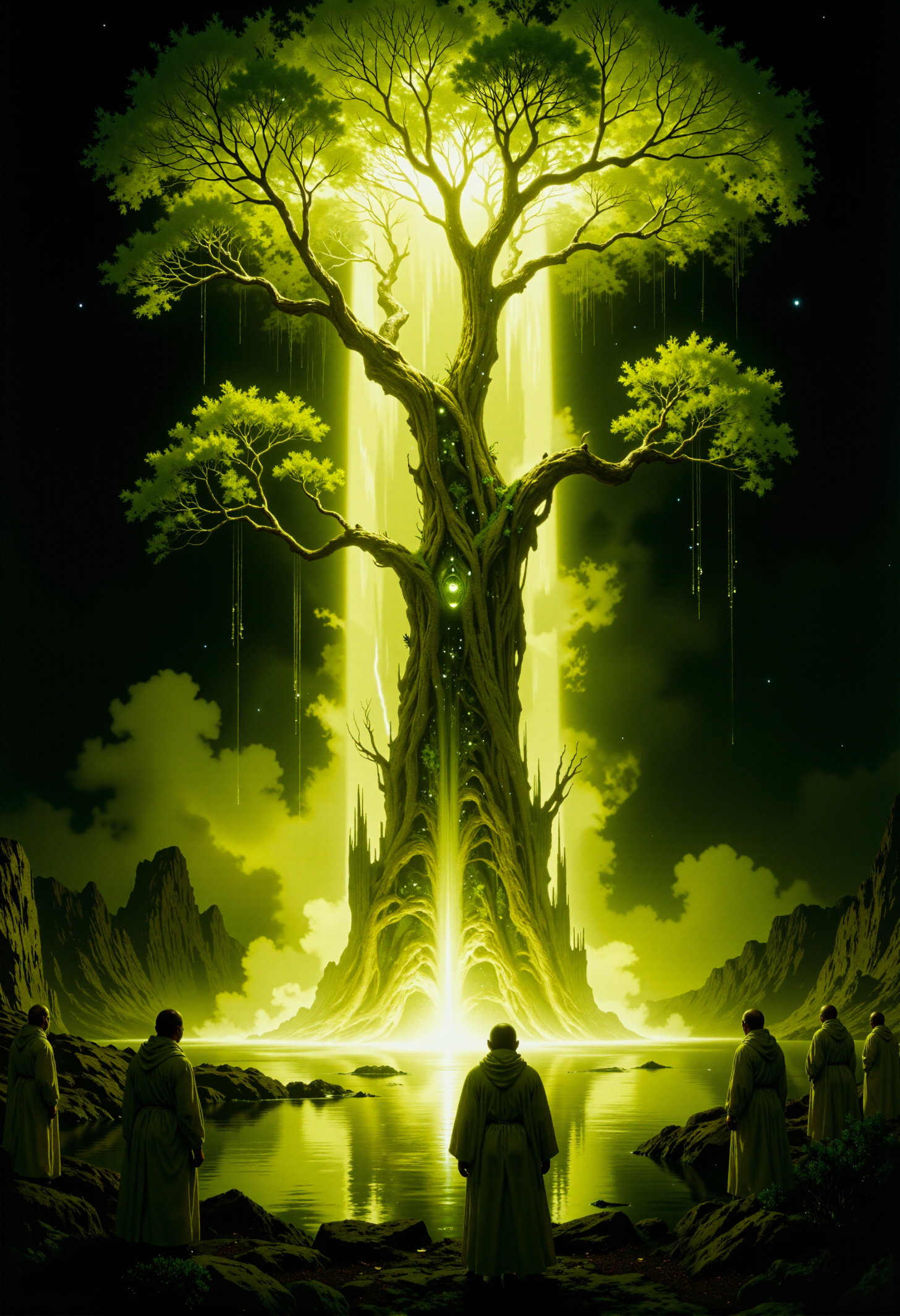 highest details, ultra hyper realism. highly detailed and realistic. intricate and highly professional artwork, an absolute masterpiece.
This image is a high-quality digital artwork depicting a mystical, otherworldly scene. At the center stands a glowing, ethereal tree with a luminous, golden canopy that illuminates the surrounding landscape. The tree's bark is twisted and ancient, with roots extending down into a glowing, sparkling pool of water below. The background is a dark, starry night sky, adding to the surreal ambiance. In the foreground, several robed figures, likely monks or spiritual seekers, are gathered around the tree, gazing upward in reverence. They are dressed in simple, flowing white robes that blend with the surrounding foliage. Their presence adds a sense of scale and reverence to the scene.
The lighting is soft and diffused, with the tree and water emitting a gentle, warm glow, creating a halo effect. The camera angle is slightly elevated and wide, capturing the entire scene from a vantage point that emphasizes the grandeur and majesty of the tree. The overall aesthetic quality of the image is very high, with meticulous attention to detail and a harmonious color palette that enhances the ethereal and mystical atmosphere. The digital art style is realistic yet fantastical, creating a sense of wonder and awe.
<lora:artilands_v02_epoch_6:0.7>  <lora:Elden_Ring_-_Yoshitaka_Amano:0.0> <lora:FluxMythP0rtr4itStyle:0> mythp0rt <lora:flux.1_lora_flyway_Epic-Characters_v1:0.3>  <lora:Cinematic Film style v1.0:0.0> <lora:GrainScape:0.8> 8n8log, film photography aesthetic, film grain effect prominent throughout image, high contrast lighting creating dramatic shadows, grainy film-like texture